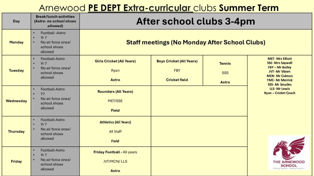 Summer Term After School Clubs